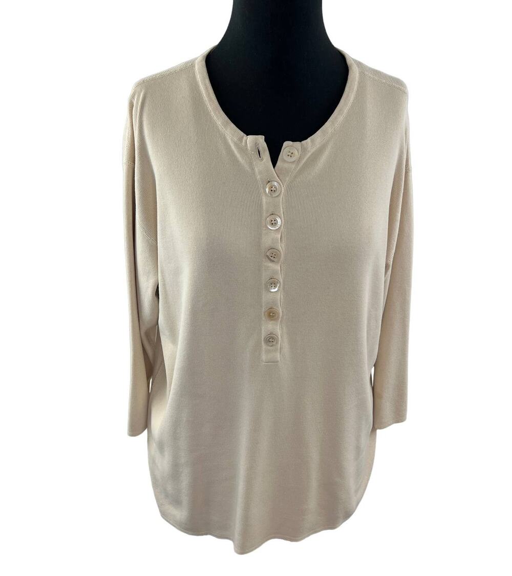 VINTAGE Marc Cain Beige 1 Waffle-Knit Henley Top Cotton Round Neck Long Sleeve